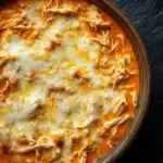 Crock pot buffalo chicken dip - the image is a close-up of a dish in a round wooden bowl. the dish appears to be a casserole or dip, with a red-orange color and a creamy texture. on top of the dish, there is a layer of melted cheese, which is spread evenly over the top. the cheese is a bright yellow color and looks like it has been melted and bubbly. the bowl is sitting on a dark, textured surface, possibly a table or countertop.