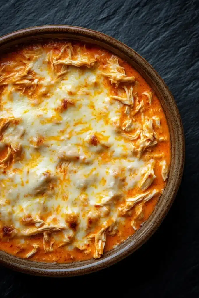 Crock pot buffalo chicken dip - the image is a close-up of a dish in a round wooden bowl. the dish appears to be a casserole or dip, with a red-orange color and a creamy texture. on top of the dish, there is a layer of melted cheese, which is spread evenly over the top. the cheese is a bright yellow color and looks like it has been melted and bubbly. the bowl is sitting on a dark, textured surface, possibly a table or countertop.