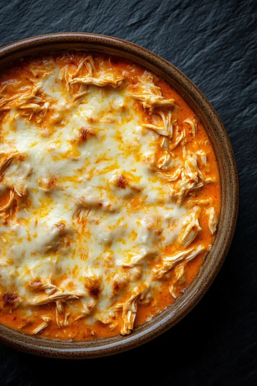 Crock pot buffalo chicken dip - the image is a close-up of a dish in a round wooden bowl. the dish appears to be a casserole or dip, with a red-orange color and a creamy texture. on top of the dish, there is a layer of melted cheese, which is spread evenly over the top. the cheese is a bright yellow color and looks like it has been melted and bubbly. the bowl is sitting on a dark, textured surface, possibly a table or countertop.
