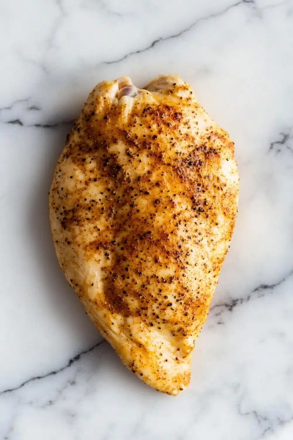 Crock pot chicken breast - the image shows a whole chicken breast on a white marble surface. the chicken breast is golden brown and appears to be seasoned with herbs and spices. the skin of the chicken is slightly charred and has a crispy texture. the herbs are scattered across the surface, giving the chicken a savory flavor. the marble surface has a smooth and polished finish.
