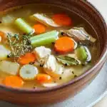 Crock pot chicken broth - the image is a close-up of a bowl of soup. the soup appears to be a vegetable soup with chunks of chicken, carrots, celery, and other vegetables mixed in. the broth is a light brown color and is thick and creamy. there are also some herbs and spices scattered throughout the soup, including a sprig of thyme. the bowl is sitting on a white plate with a speckled pattern. the background is a wooden table.
