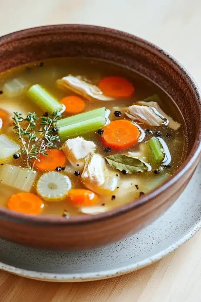Crock pot chicken broth - the image is a close-up of a bowl of soup. the soup appears to be a vegetable soup with chunks of chicken, carrots, celery, and other vegetables mixed in. the broth is a light brown color and is thick and creamy. there are also some herbs and spices scattered throughout the soup, including a sprig of thyme. the bowl is sitting on a white plate with a speckled pattern. the background is a wooden table.