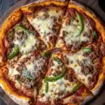 Deep dish pizza sourdough - the image is a close-up of a pizza on a wooden cutting board. the pizza is round and has a golden-brown crust. it is topped with melted cheese, red sauce, and green bell peppers. there are six slices of the pizza arranged in a circular pattern on the cutting board, with the largest slice in the center and the smaller ones on either side. the background is a dark wooden table with a rustic texture. the overall mood of the image is cozy and inviting.