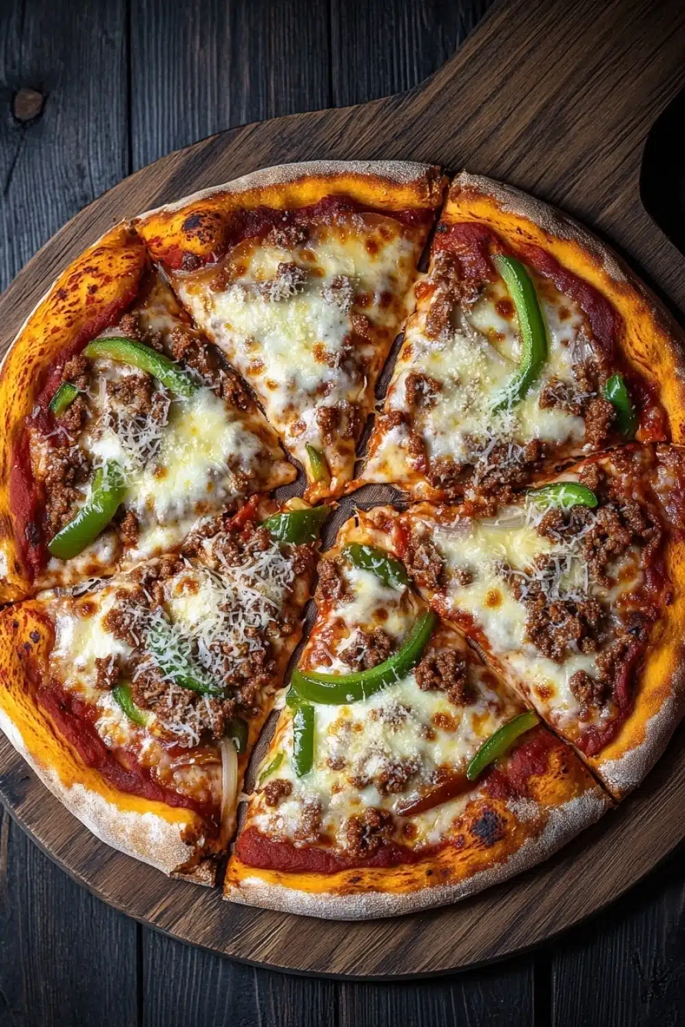 Deep dish pizza sourdough - the image is a close-up of a pizza on a wooden cutting board. the pizza is round and has a golden-brown crust. it is topped with melted cheese, red sauce, and green bell peppers. there are six slices of the pizza arranged in a circular pattern on the cutting board, with the largest slice in the center and the smaller ones on either side. the background is a dark wooden table with a rustic texture. the overall mood of the image is cozy and inviting.