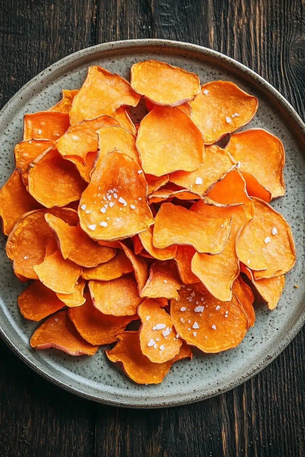 Dehydrated sweet potato chips air fryer - the image shows a plate of sweet potato chips on a dark wooden table. the chips are arranged in a circular pattern on the plate, with some overlapping each other. they are orange in color and have small white specks scattered throughout. the plate is made of a light-colored ceramic or ceramic material and has a textured surface. the background is blurred, but it appears to be a rustic wooden surface.