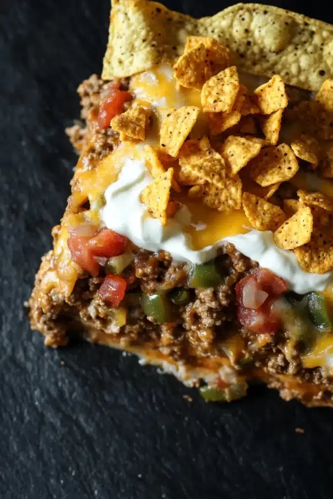 Dorito casserole freezer meal - the image shows a slice of nachos on a black slate plate. the nacho is topped with a layer of ground beef, diced tomatoes, green bell peppers, and melted cheese. the cheese is melted and bubbly, and there is a dollop of sour cream on top. there are also a few tortilla chips scattered around the plate.