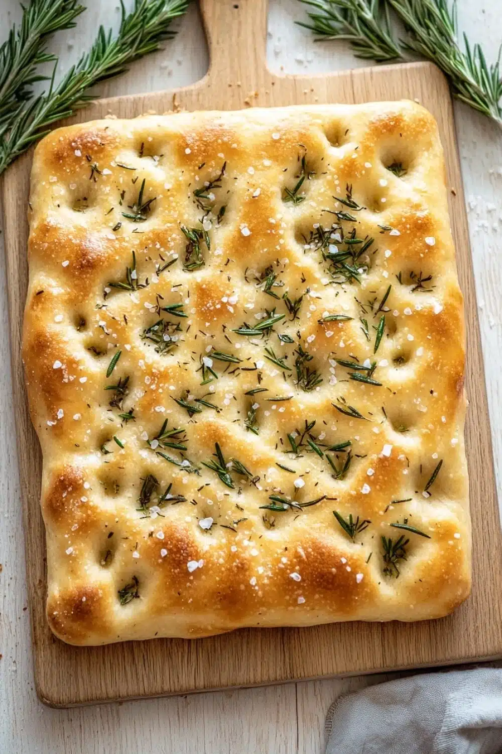 Focaccia bread - the image shows a square-shaped flatbread on a wooden cutting board. the flatbread appears to be freshly baked and has a golden-brown crust. it is topped with a generous amount of rosemary sprigs and sprinkled with sesame seeds. the cutting board is placed on a white wooden table with a gray cloth napkin next to it. the background is blurred, but it seems to be a kitchen countertop.