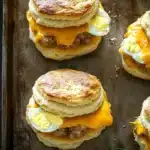 Freezer breakfast sandwiches biscuits - the image shows four biscuits on a baking tray. the biscuits are golden brown and appear to be freshly baked. they are stacked on top of each other, with the top biscuit slightly overlapping the bottom one. on top of the biscuits, there is a generous amount of melted cheese, which is a bright yellow color. the cheese is spread evenly over the biscuits and is oozing out of the sides. there are a few sprigs of parsley scattered around the tray, adding a pop of green color to the image. the tray is lined with parchment paper, and the background is dark.