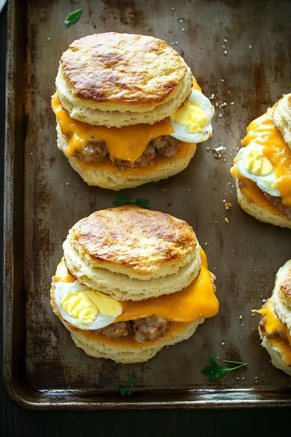 Freezer breakfast sandwiches biscuits - the image shows four biscuits on a baking tray. the biscuits are golden brown and appear to be freshly baked. they are stacked on top of each other, with the top biscuit slightly overlapping the bottom one. on top of the biscuits, there is a generous amount of melted cheese, which is a bright yellow color. the cheese is spread evenly over the biscuits and is oozing out of the sides. there are a few sprigs of parsley scattered around the tray, adding a pop of green color to the image. the tray is lined with parchment paper, and the background is dark.