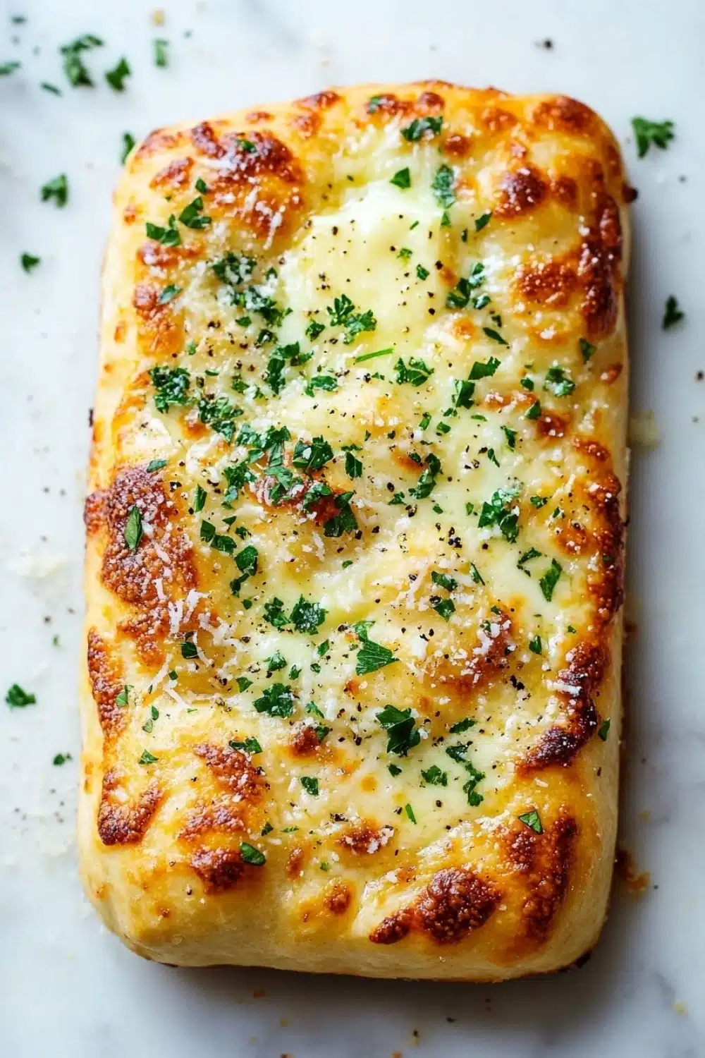 Garlic bread with pizza dough - the image shows a rectangular piece of bread on a white marble countertop. the bread appears to be freshly baked and has a golden brown crust. on top of the bread, there is a layer of melted cheese and a sprinkle of chopped parsley. the cheese is melted and bubbly, and there are small pieces of bread crumbs scattered around the edges. the parsley is bright green and looks fresh and vibrant. the background is blurred, making the bread the focal point of the image.