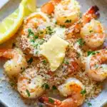Garlic butter shrimp bake - the image shows a plate of cooked shrimp on a bed of couscous. the shrimp are orange in color and appear to be seasoned with herbs and spices. there are two lemon wedges on the side of the plate, one on each side, and a dollop of butter on top. the plate is white with a blue and white speckled pattern. the background is a wooden table with a few sprigs of parsley scattered around.