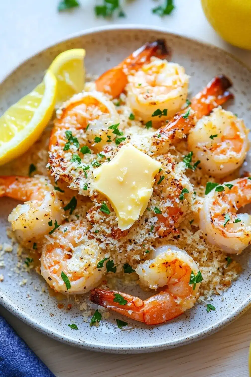 Garlic butter shrimp bake - the image shows a plate of cooked shrimp on a bed of couscous. the shrimp are orange in color and appear to be seasoned with herbs and spices. there are two lemon wedges on the side of the plate, one on each side, and a dollop of butter on top. the plate is white with a blue and white speckled pattern. the background is a wooden table with a few sprigs of parsley scattered around.
