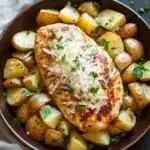 Garlic parm chicken potato skillet - the image shows a wooden bowl filled with a dish of chicken and potatoes. the chicken is cooked to a golden brown color and is covered in grated parmesan cheese. the potatoes are cut into small cubes and are scattered around the bowl. the dish is garnished with chopped parsley and there is a beige cloth napkin on the side. the bowl is sitting on a dark wooden table.