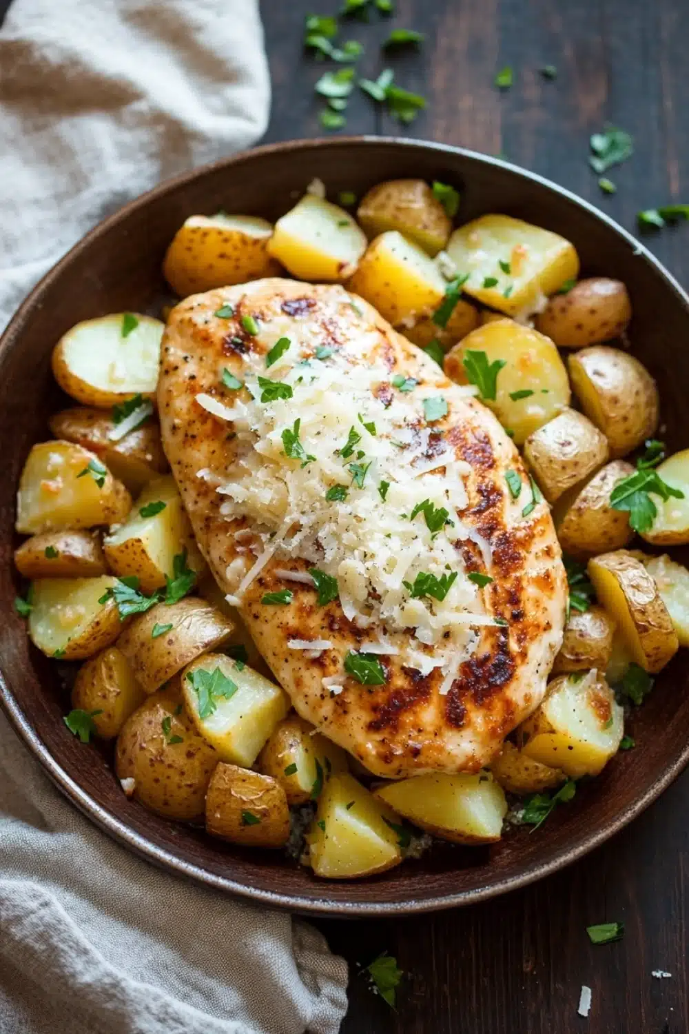 Garlic parm chicken potato skillet - the image shows a wooden bowl filled with a dish of chicken and potatoes. the chicken is cooked to a golden brown color and is covered in grated parmesan cheese. the potatoes are cut into small cubes and are scattered around the bowl. the dish is garnished with chopped parsley and there is a beige cloth napkin on the side. the bowl is sitting on a dark wooden table.