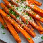 Garlic parmesan carrot fries - the image shows a plate of roasted carrots on a wooden table. the carrots are orange in color and have a crispy texture. they are arranged in a circular pattern on the plate, with some overlapping each other. on top of the carrots, there is a generous amount of grated parmesan cheese, which is sprinkled with chopped parsley. the plate is gray and has a textured surface. the background is blurred, but it appears to be a kitchen countertop.