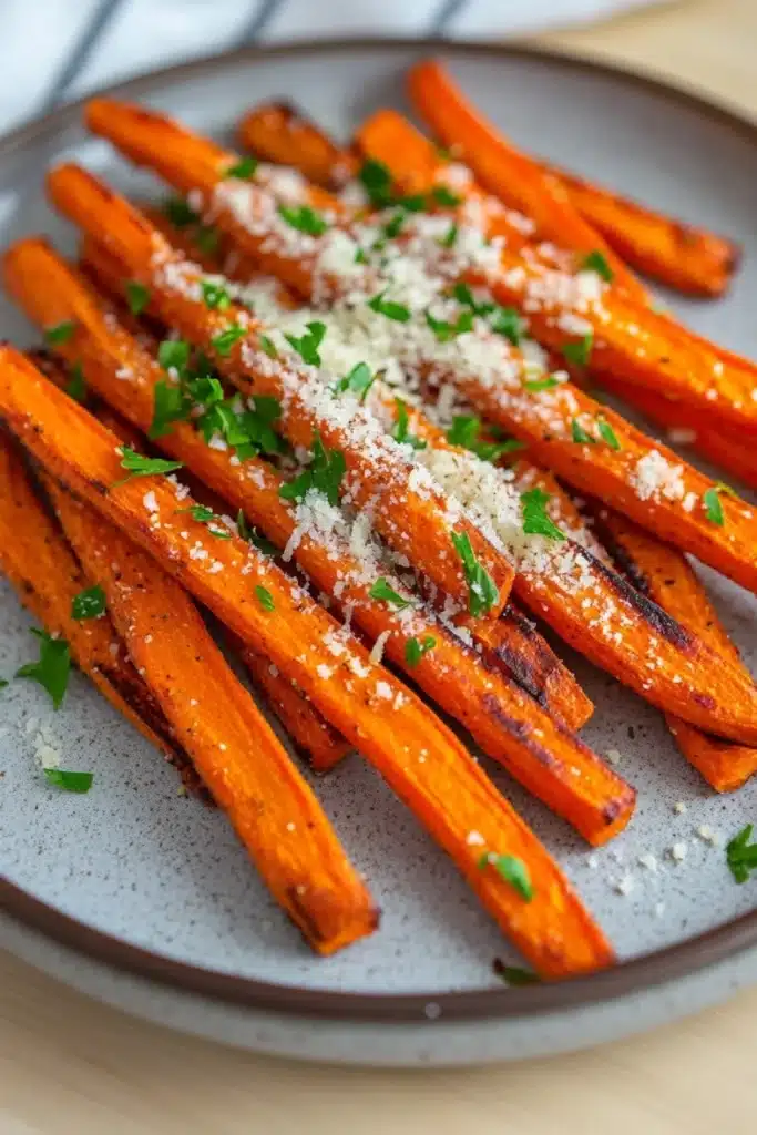 Garlic parmesan carrot fries - the image shows a plate of roasted carrots on a wooden table. the carrots are orange in color and have a crispy texture. they are arranged in a circular pattern on the plate, with some overlapping each other. on top of the carrots, there is a generous amount of grated parmesan cheese, which is sprinkled with chopped parsley. the plate is gray and has a textured surface. the background is blurred, but it appears to be a kitchen countertop.
