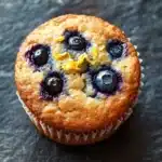 Gluten free lemon blueberry muffin - the image is a close-up of a freshly baked blueberry muffin. the muffin is golden brown in color and has a crumbly texture. it is sitting on a dark grey textured surface. on top of the muffin, there are six blueberries arranged in a circular pattern. the blueberries are bright blue and appear to be ripe and juicy. there is a small amount of orange zest sprinkled on top, adding a pop of color to the image.