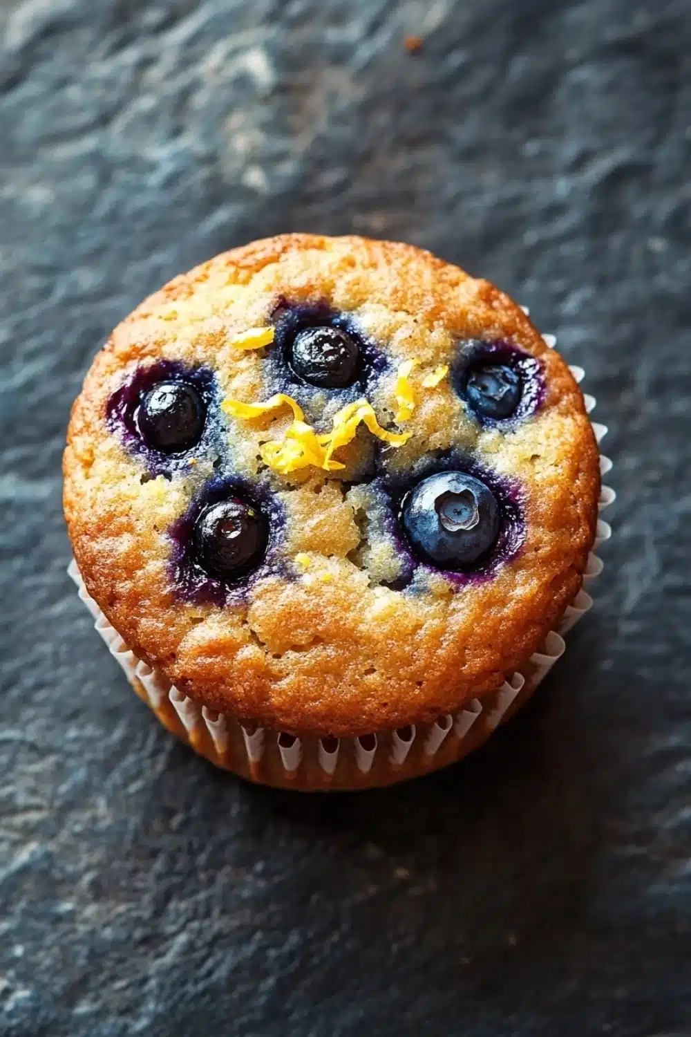 Gluten free lemon blueberry muffin - the image is a close-up of a freshly baked blueberry muffin. the muffin is golden brown in color and has a crumbly texture. it is sitting on a dark grey textured surface. on top of the muffin, there are six blueberries arranged in a circular pattern. the blueberries are bright blue and appear to be ripe and juicy. there is a small amount of orange zest sprinkled on top, adding a pop of color to the image.