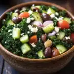 Greek salad kale - the image is a close-up of a wooden bowl filled with a colorful salad. the salad is made up of kale, sliced cucumbers, red onions, cherry tomatoes, and black olives. the kale is a vibrant green color and appears to be seasoned with herbs and spices. the olives are scattered throughout the salad, adding a pop of color and texture. the bowl is sitting on a dark wooden table, and there are other bowls of salad in the background. the overall mood of the image is fresh and appetizing.