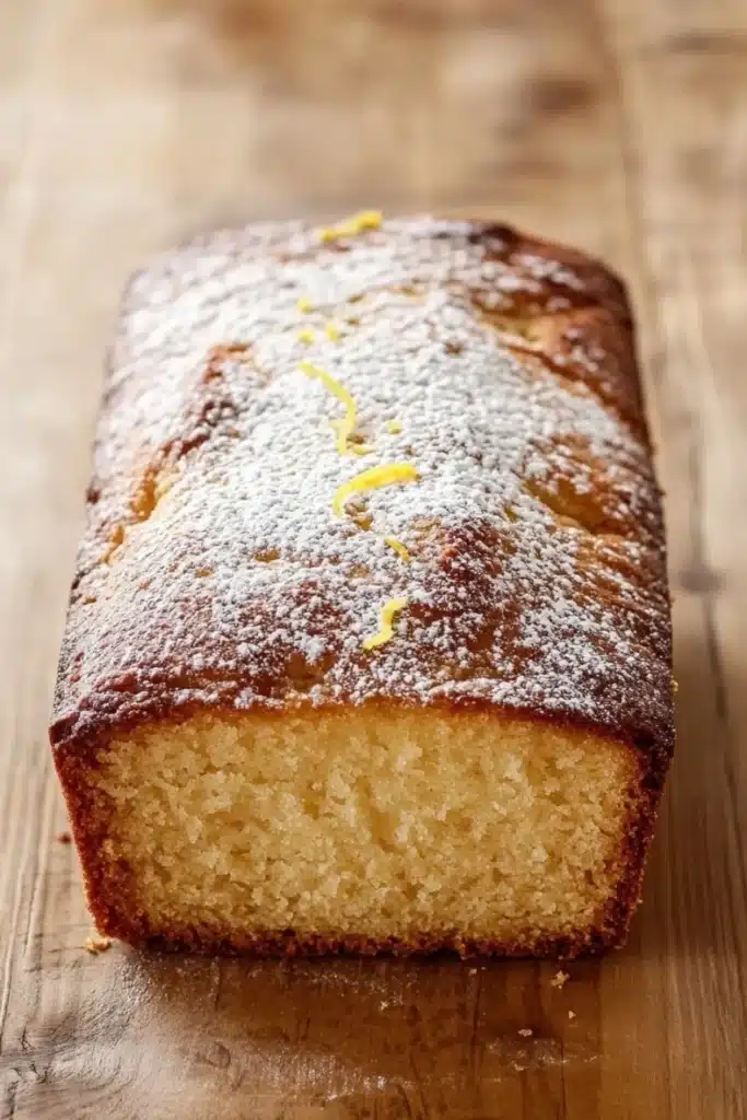 Greek yogurt lemon loaf cake - the image is a close-up of a freshly baked loaf of bread on a wooden cutting board. the bread is golden brown in color and has a crumbly texture. it is dusted with a light dusting of powdered sugar, giving it a shiny appearance. on top of the bread, there are small pieces of lemon zest scattered around, adding a pop of color to the dish. the background is blurred, making the bread the focal point of the image.