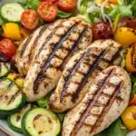 Grilled chicken breast dinner - the image is a close-up of a plate of grilled chicken salad. the plate is white and round, and the salad is made up of various types of vegetables, including zucchini, cherry tomatoes, yellow bell peppers, and red onions. the chicken is grilled to a golden brown color and appears to be seasoned with herbs and spices. the vegetables are arranged in a circular pattern around the plate, with some overlapping each other. the background is blurred, but it seems to be a kitchen countertop.
