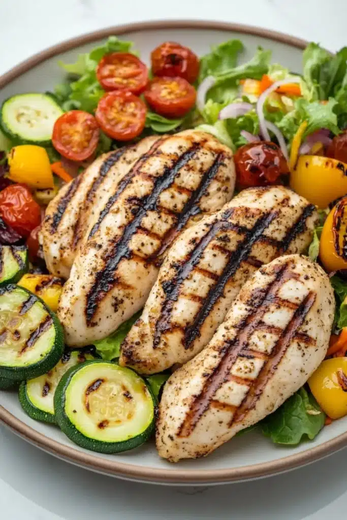 Grilled chicken breast dinner - the image is a close-up of a plate of grilled chicken salad. the plate is white and round, and the salad is made up of various types of vegetables, including zucchini, cherry tomatoes, yellow bell peppers, and red onions. the chicken is grilled to a golden brown color and appears to be seasoned with herbs and spices. the vegetables are arranged in a circular pattern around the plate, with some overlapping each other. the background is blurred, but it seems to be a kitchen countertop.