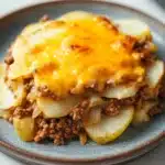 Ground beef and sliced potato casserole - the image shows a plate of food on a white countertop. the plate is round and has a blue rim. on top of the plate, there is a layer of melted cheese on top. the cheese is golden brown and appears to be melted and bubbly. below the cheese, there are chunks of ground beef, diced potatoes, and onions. the dish looks freshly cooked and ready to eat.