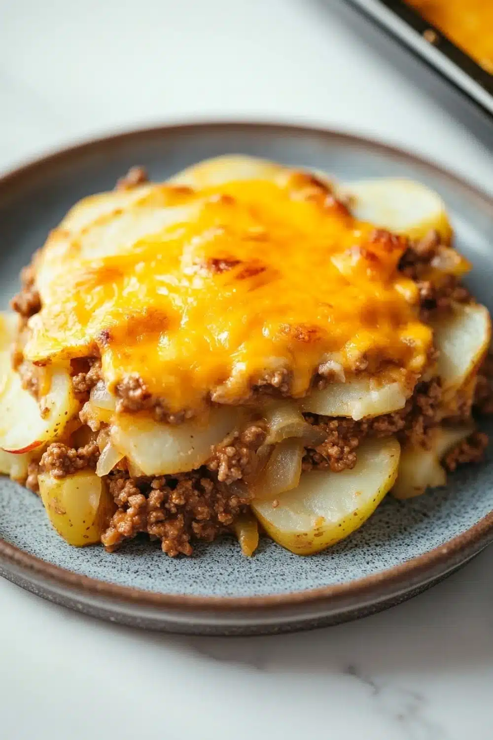 Ground beef and sliced potato casserole - the image shows a plate of food on a white countertop. the plate is round and has a blue rim. on top of the plate, there is a layer of melted cheese on top. the cheese is golden brown and appears to be melted and bubbly. below the cheese, there are chunks of ground beef, diced potatoes, and onions. the dish looks freshly cooked and ready to eat.