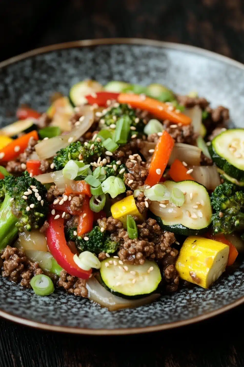 Ground beef and veggies - the image is a close-up of a plate of food. the plate is black and has a textured surface. the food appears to be a stir-fry dish with ground beef, sliced vegetables, and sesame seeds. the vegetables include broccoli, red bell peppers, zucchini, and yellow squash. there are also sliced onions and green onions scattered throughout the dish. the dish looks fresh and appetizing.