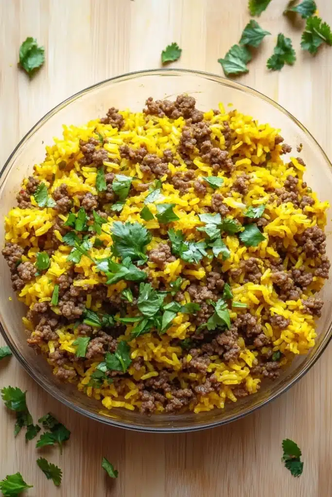 Ground beef and yellow rice for dinner - the image shows a large glass bowl filled with a mixture of yellow rice and ground meat. the rice appears to be cooked and has a golden brown color. the ground meat is scattered throughout the mixture, with some pieces of ground beef visible. the bowl is sitting on a wooden surface, and there are a few sprigs of cilantro scattered around it. the overall appearance of the dish is messy and appetizing.