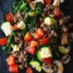 Ground beef dinner low calorie - the image is a close-up of a dish on a black slate plate. the dish appears to be a stir-fry with a variety of ingredients, including sliced vegetables such as zucchini, cherry tomatoes, and mushrooms. the vegetables are arranged in a colorful and appetizing manner, with some overlapping each other. the meat is a dark brown color, and the vegetables are a mix of different shades of green, red, and white. the plate is garnished with a sprinkle of sesame seeds. the overall appearance of the dish is fresh and vibrant.