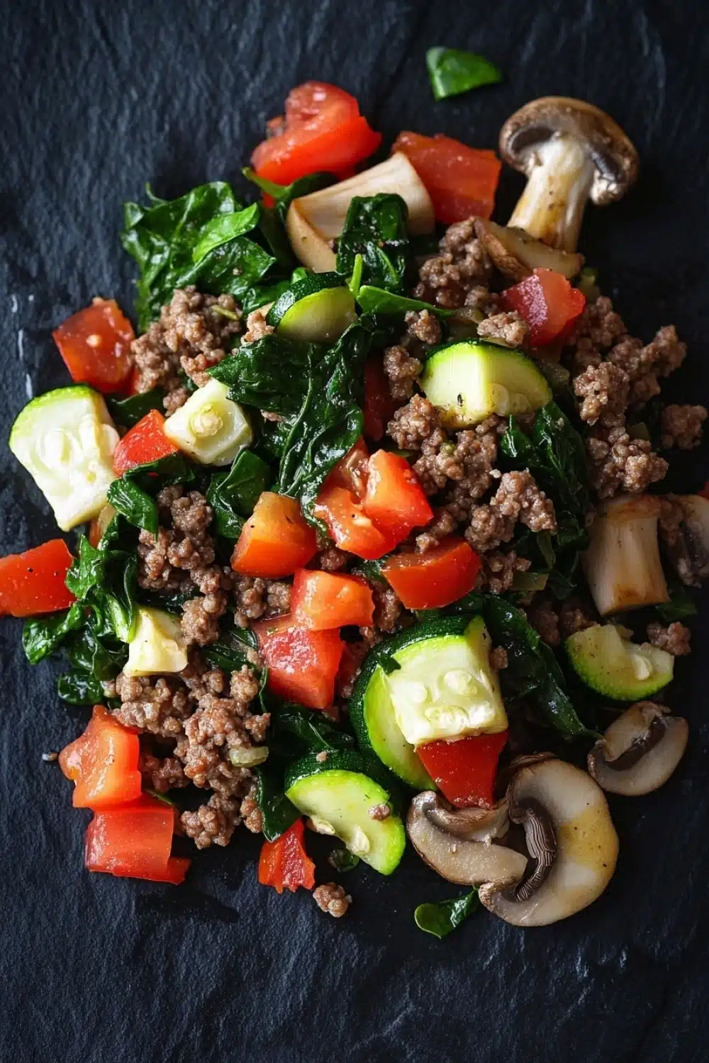 Ground beef dinner low calorie - the image is a close-up of a dish on a black slate plate. the dish appears to be a stir-fry with a variety of ingredients, including sliced vegetables such as zucchini, cherry tomatoes, and mushrooms. the vegetables are arranged in a colorful and appetizing manner, with some overlapping each other. the meat is a dark brown color, and the vegetables are a mix of different shades of green, red, and white. the plate is garnished with a sprinkle of sesame seeds. the overall appearance of the dish is fresh and vibrant.