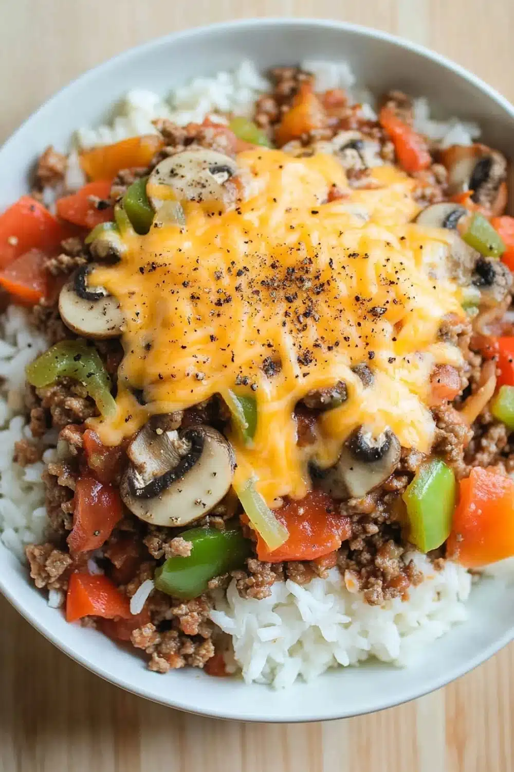 Ground beef dinner make ahead - the image is a close-up of a plate of food. the plate is white and round, and it is placed on a wooden table. the food appears to be a casserole dish with a layer of ground beef, diced tomatoes, green bell peppers, and sliced mushrooms. the beef is cooked to a golden brown color and is topped with melted cheese. the cheese is melted and bubbly, and there are small black pepper sprinkled on top. the dish looks freshly cooked and ready to eat.