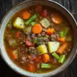 Ground beef for dinner soup - the image is a close-up of a bowl of soup on a wooden table. the soup appears to be a vegetable soup with chunks of meat and vegetables mixed in. the bowl is made of ceramic and has a brown rim. the vegetables include carrots, celery, and potatoes. the broth is a light brown color and looks thick and creamy. the table has a rustic, weathered appearance with visible grain and texture. the overall mood of the image is warm and inviting.
