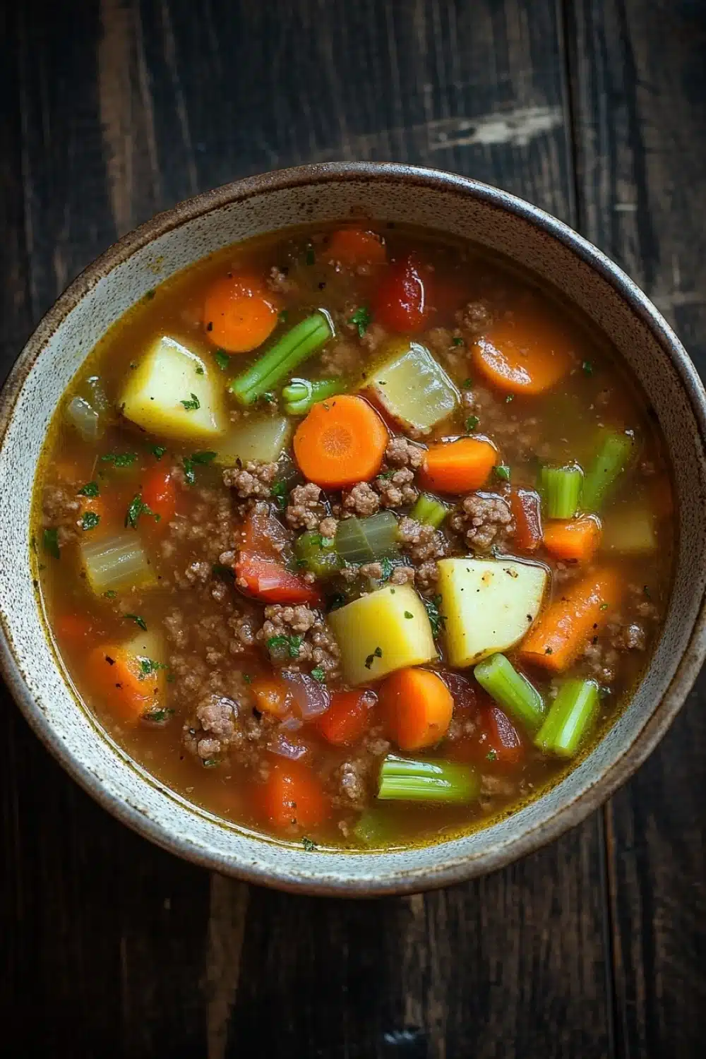 Ground beef for dinner soup - the image is a close-up of a bowl of soup on a wooden table. the soup appears to be a vegetable soup with chunks of meat and vegetables mixed in. the bowl is made of ceramic and has a brown rim. the vegetables include carrots, celery, and potatoes. the broth is a light brown color and looks thick and creamy. the table has a rustic, weathered appearance with visible grain and texture. the overall mood of the image is warm and inviting.
