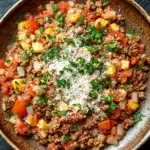 Ground beef italian - the image is a close-up of a bowl of food. the bowl is made of ceramic and has a dark brown color. the food appears to be a dish made with ground beef, diced tomatoes, corn kernels, and chopped herbs. there is a sprinkle of grated parmesan cheese on top of the dish. the dish is garnished with fresh parsley. the background is a dark grey textured surface.
