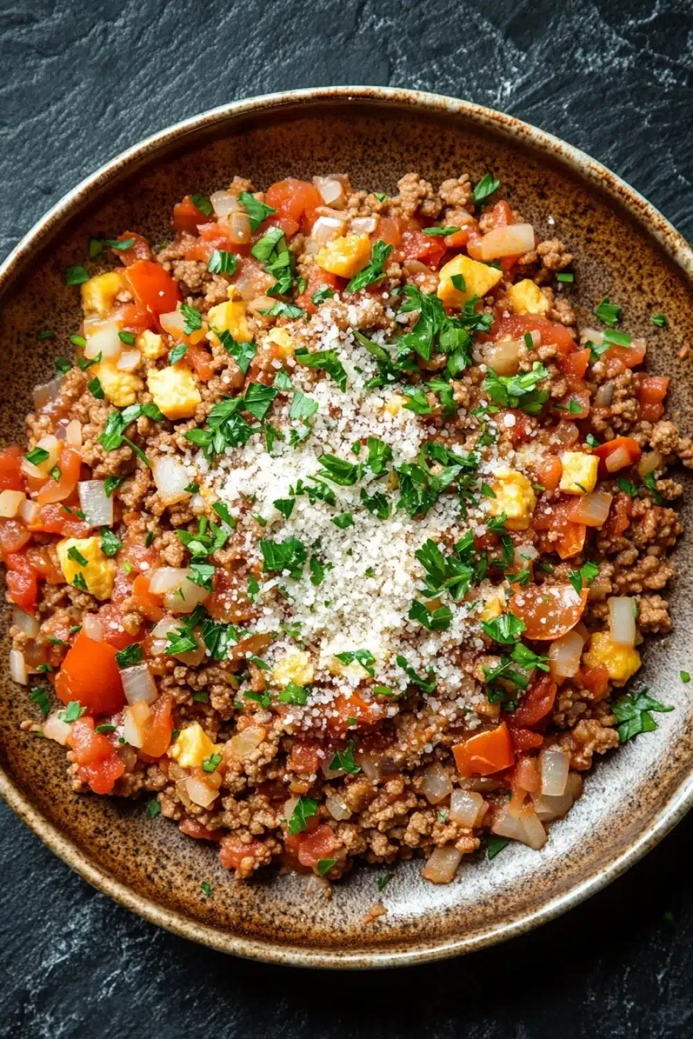 Ground beef italian - the image is a close-up of a bowl of food. the bowl is made of ceramic and has a dark brown color. the food appears to be a dish made with ground beef, diced tomatoes, corn kernels, and chopped herbs. there is a sprinkle of grated parmesan cheese on top of the dish. the dish is garnished with fresh parsley. the background is a dark grey textured surface.