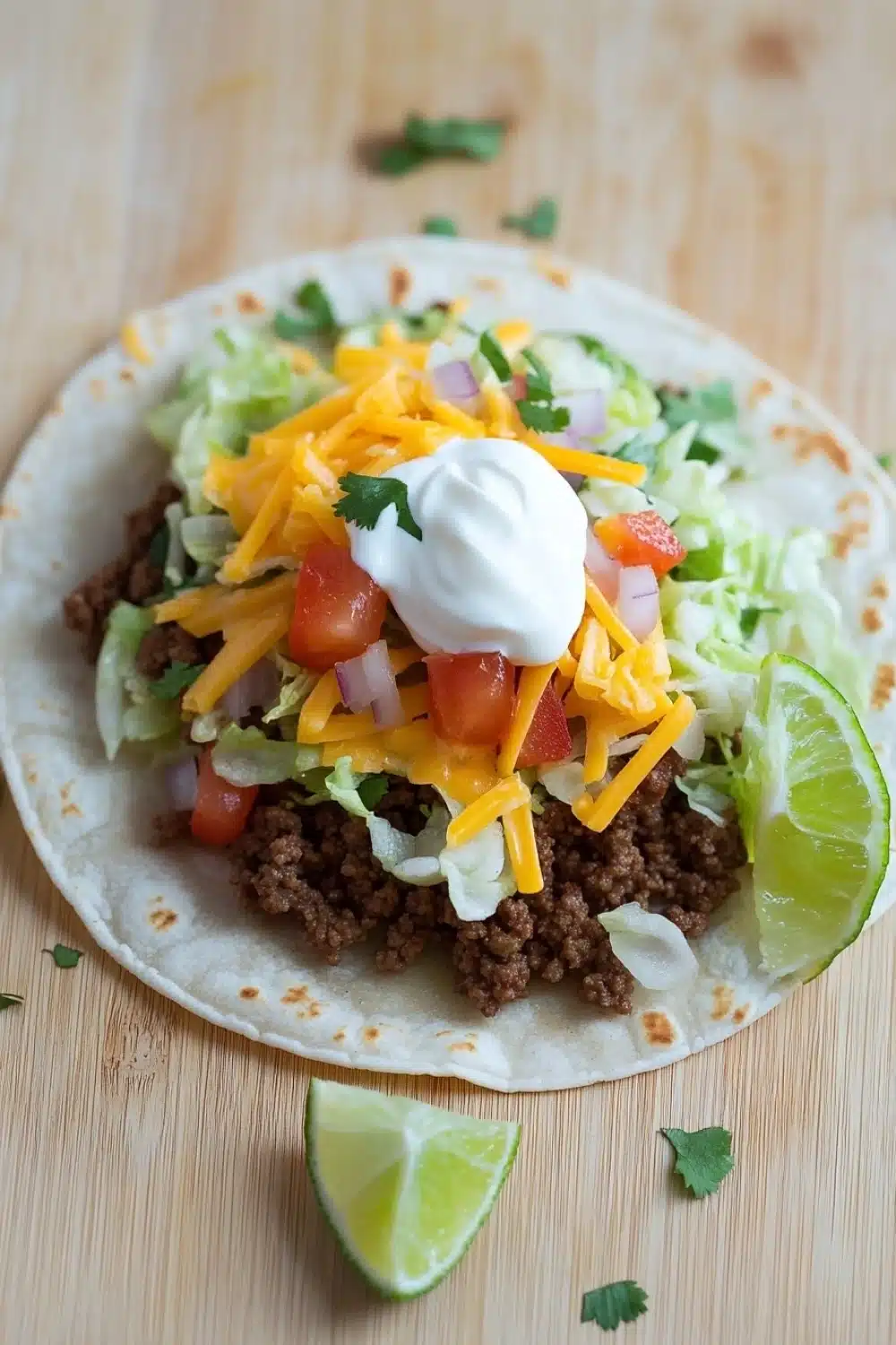 Ground beef skillet taco - the image is a close-up of a taco on a wooden table. the taco is made with a tortilla shell and is filled with ground beef, diced tomatoes, shredded cheese, and a dollop of sour cream on top. there are also two lime wedges on the side of the tortilla. the toppings are arranged in a colorful and appetizing manner. the background is blurred, but it appears to be a kitchen countertop.