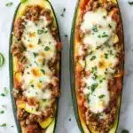 Ground beef zucchini boats - the image shows two stuffed zucchini boats on a white marble countertop. the boats are filled with a mixture of ground meat, tomato sauce, and cheese. the meat appears to be ground beef, and the cheese is melted and bubbly on top. there are also some fresh herbs scattered around the boats, adding a pop of green color to the dish. the overall appearance of the dish is savory and appetizing.