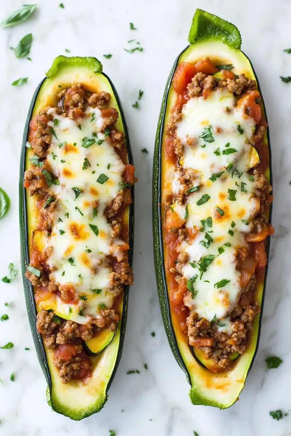 Ground beef zucchini boats - the image shows two stuffed zucchini boats on a white marble countertop. the boats are filled with a mixture of ground meat, tomato sauce, and cheese. the meat appears to be ground beef, and the cheese is melted and bubbly on top. there are also some fresh herbs scattered around the boats, adding a pop of green color to the dish. the overall appearance of the dish is savory and appetizing.