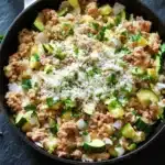 Ground chicken zucchini rice skillet - the image shows a black cast iron skillet filled with a dish. the dish appears to be a mixture of ground beef, zucchini, and other vegetables, with a sprinkle of grated parmesan cheese on top. the skillet is sitting on a dark grey surface, and there are a few sprigs of parsley scattered around it. the overall color palette of the dish is warm and inviting.