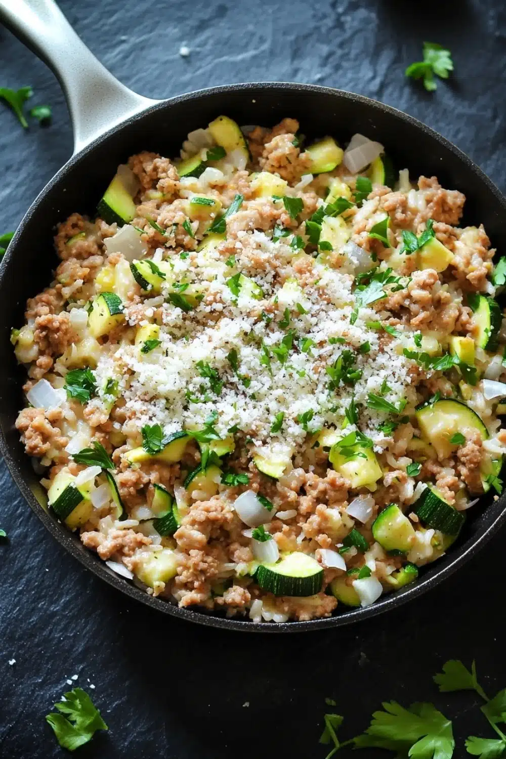 Ground chicken zucchini rice skillet - the image shows a black cast iron skillet filled with a dish. the dish appears to be a mixture of ground beef, zucchini, and other vegetables, with a sprinkle of grated parmesan cheese on top. the skillet is sitting on a dark grey surface, and there are a few sprigs of parsley scattered around it. the overall color palette of the dish is warm and inviting.