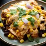 High protein chicken enchilada skillet - the image shows a plate of enchiladas with black beans, corn, and red onions. the enchillas are covered in melted cheese and garnished with fresh cilantro. the plate is on a dark grey countertop and there are a few sprigs of cilantro scattered around the plate. in the background, there is a baking dish with more ingredients. the overall color scheme of the image is warm and inviting.