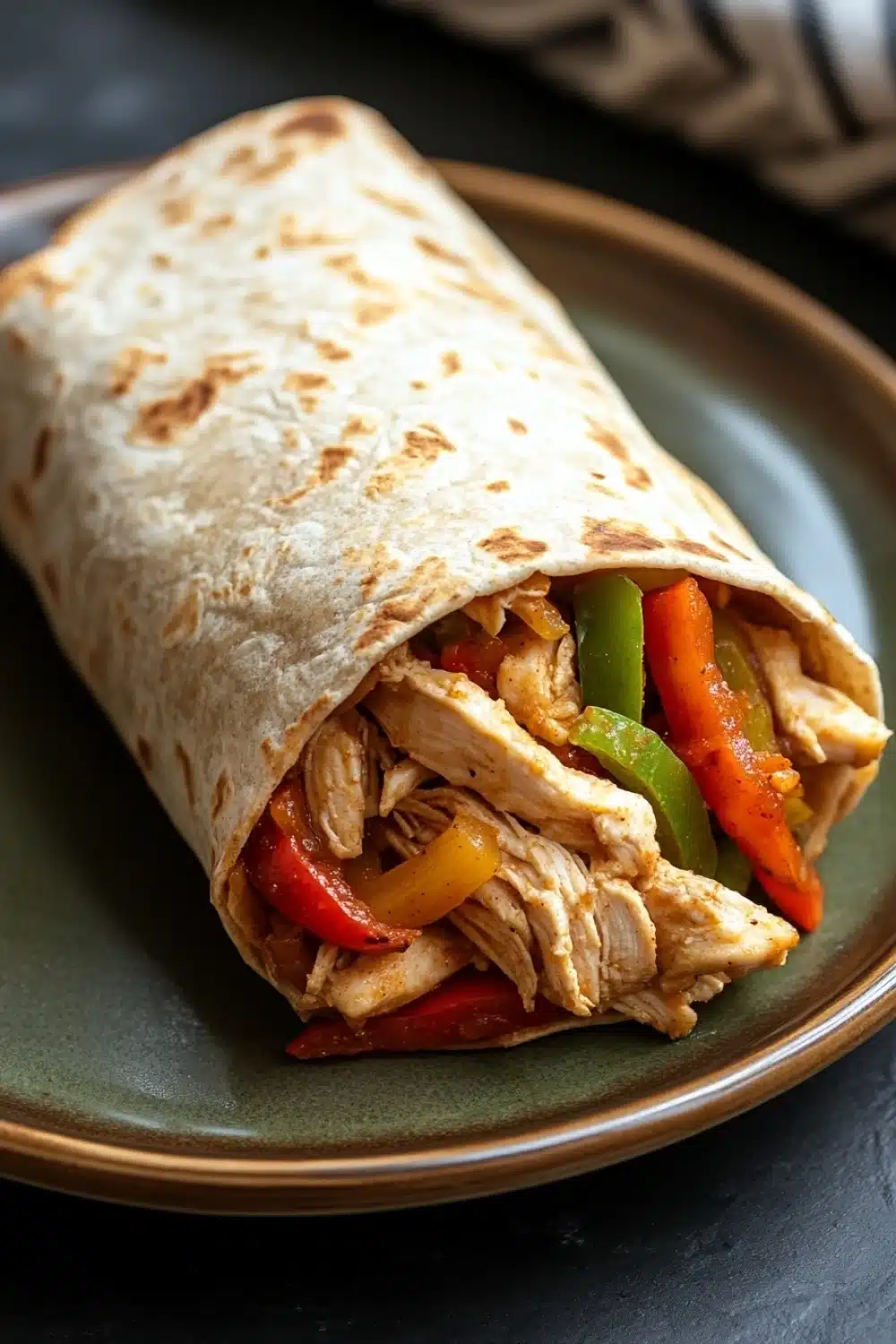 High protein chicken fajita burritos - the image shows a wrap on a green plate. the wrap is made of tortilla and is filled with shredded chicken, red and green bell peppers, and other vegetables. the chicken appears to be cooked and has a golden brown color. the vegetables are cut into small pieces and are arranged in a circular pattern around the wrap. the plate is sitting on a black countertop with a striped napkin in the background.