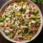 High protein chicken salad with greek yogurt - the image is a close-up of a large white bowl filled with a colorful salad. the salad appears to be made with shredded chicken, celery, red bell peppers, and other vegetables. the bowl is placed on a wooden table with a sprig of fresh cilantro on the side. the background is blurred, but it seems to be a rustic kitchen countertop. the overall color palette of the image is warm and inviting.