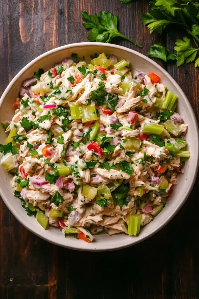 High protein chicken salad with greek yogurt - the image is a close-up of a large white bowl filled with a colorful salad. the salad appears to be made with shredded chicken, celery, red bell peppers, and other vegetables. the bowl is placed on a wooden table with a sprig of fresh cilantro on the side. the background is blurred, but it seems to be a rustic kitchen countertop. the overall color palette of the image is warm and inviting.