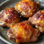 Honey chicken thigh air fryer - the image shows four pieces of chicken drumsticks on a gray plate. the drumsticks are golden brown and appear to be seasoned with sesame seeds. the plate is sitting on a wooden table with a rustic texture. the background is blurred, but it appears to be a kitchen countertop. the overall mood of the image is warm and inviting.