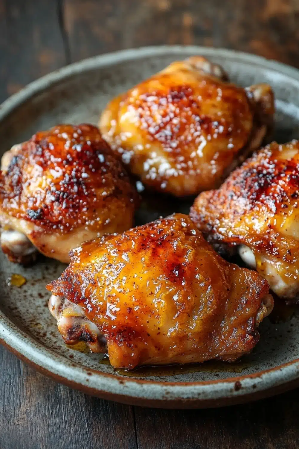 Honey chicken thigh air fryer - the image shows four pieces of chicken drumsticks on a gray plate. the drumsticks are golden brown and appear to be seasoned with sesame seeds. the plate is sitting on a wooden table with a rustic texture. the background is blurred, but it appears to be a kitchen countertop. the overall mood of the image is warm and inviting.