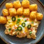 Jalapeno popper tater tot chicken casserole - the image is a close-up of a plate of food. the plate is made of dark brown ceramic and has a textured surface. on top of the plate, there are several small, golden-brown tater tots arranged in a circular pattern. the tater is topped with melted cheese and sliced jalapeno peppers. the cheese is melted and bubbly, and the peppers are bright green. the dish appears to be a casserole or dip, with a creamy texture and a layer of melted cheese on top.