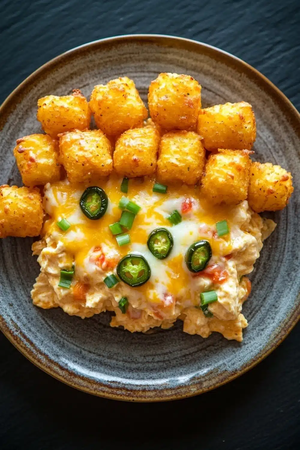 Jalapeno popper tater tot chicken casserole - the image is a close-up of a plate of food. the plate is made of dark brown ceramic and has a textured surface. on top of the plate, there are several small, golden-brown tater tots arranged in a circular pattern. the tater is topped with melted cheese and sliced jalapeno peppers. the cheese is melted and bubbly, and the peppers are bright green. the dish appears to be a casserole or dip, with a creamy texture and a layer of melted cheese on top.